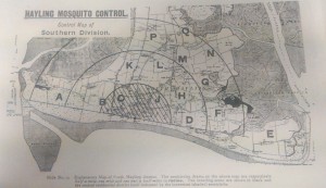 Map of Hayling Island showing mosquito breeding zones