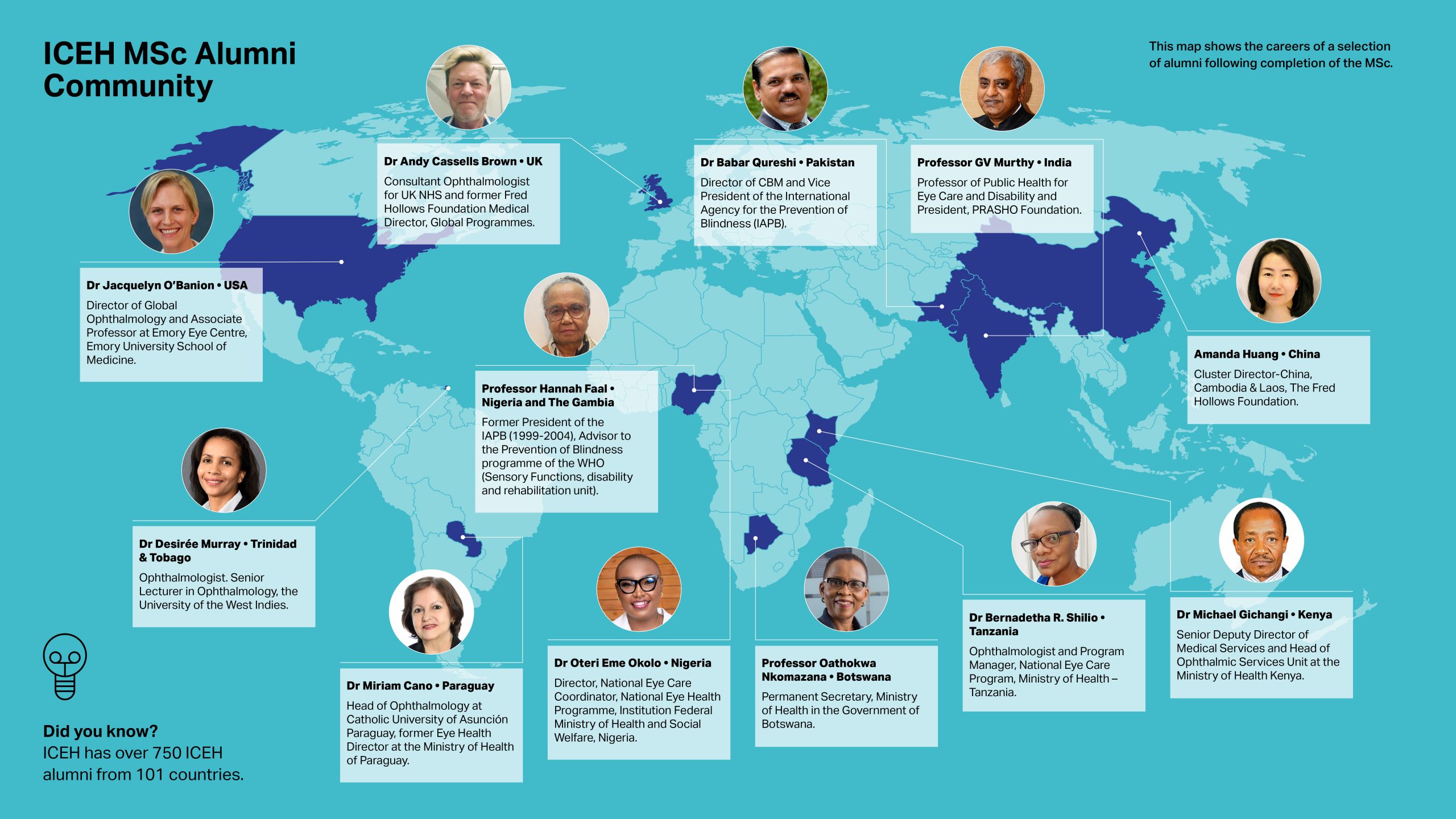 a world map featuring key ICEH alumni and their positions