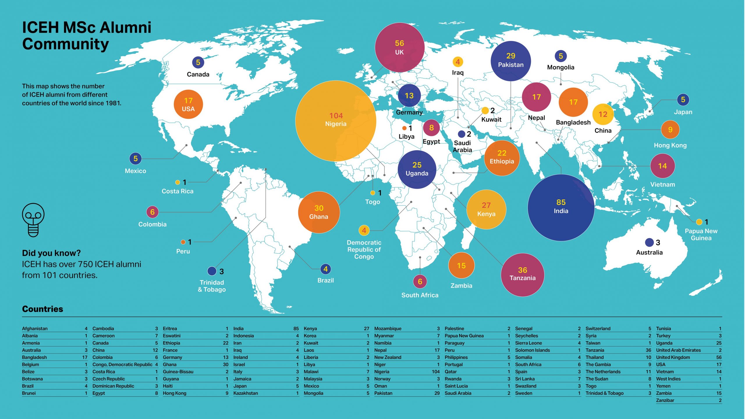 a world map detailing where ICEH alumni come from - bubbles indicate the number of students from countries around the world 