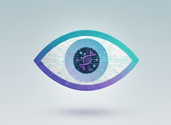 an image of an eye with a dna helix at the centre and circuitry