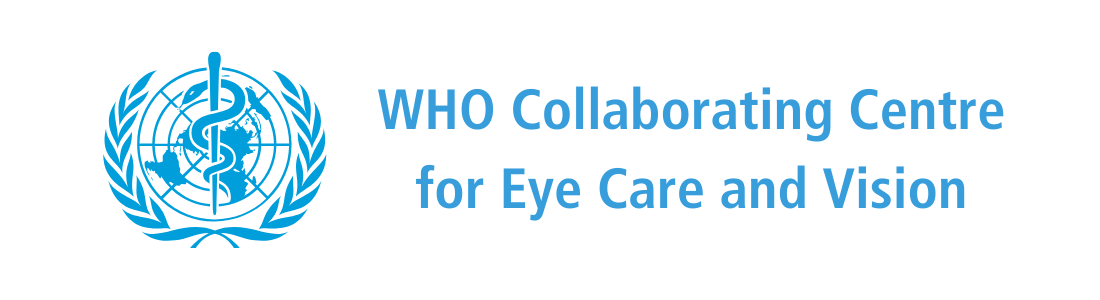 A logo with the WHO emblem and 'WHO Collaborating Centre for Eye Care and Vision' on it