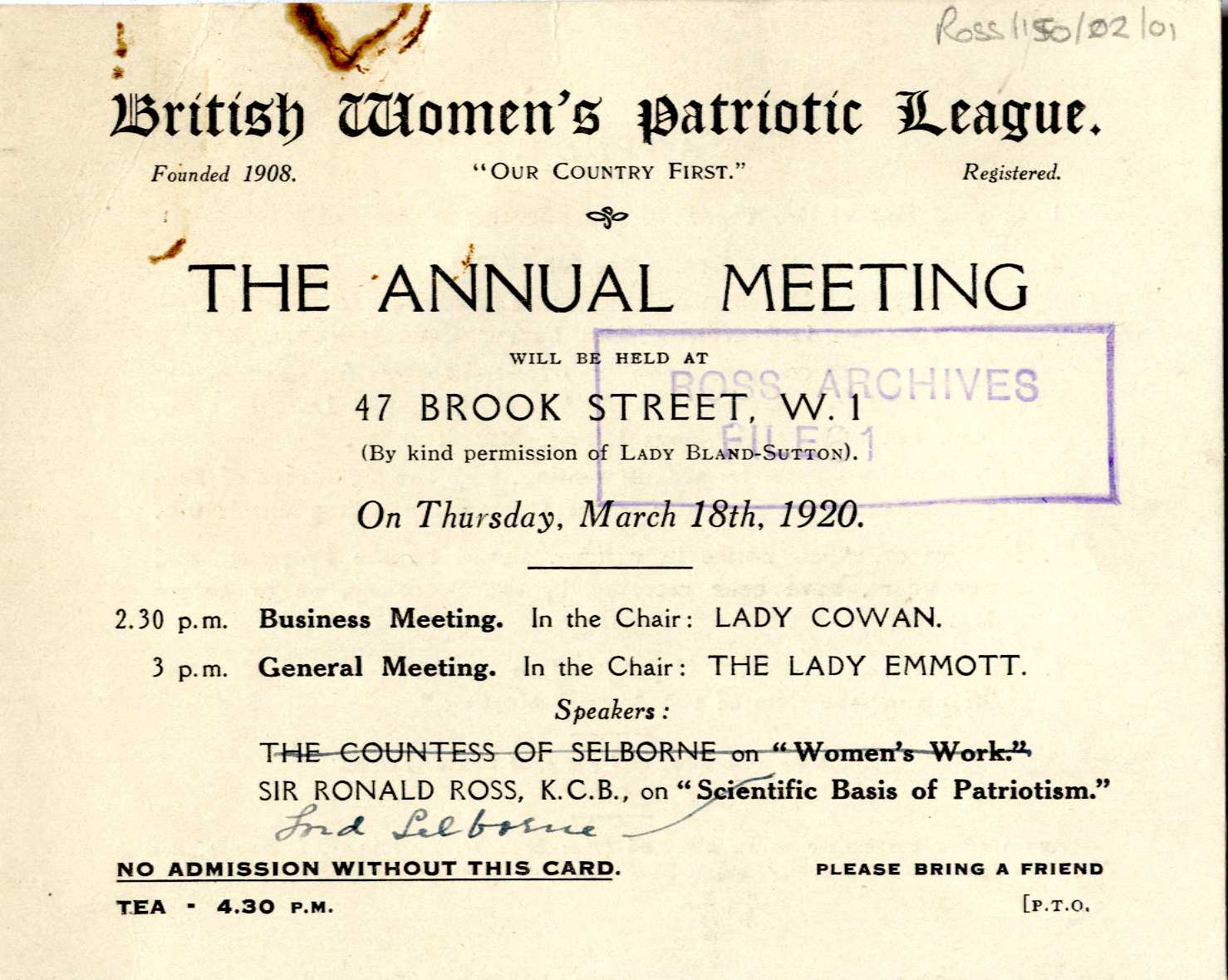 Ticket to the Annual Meeting of the British Women’s Patriotic League