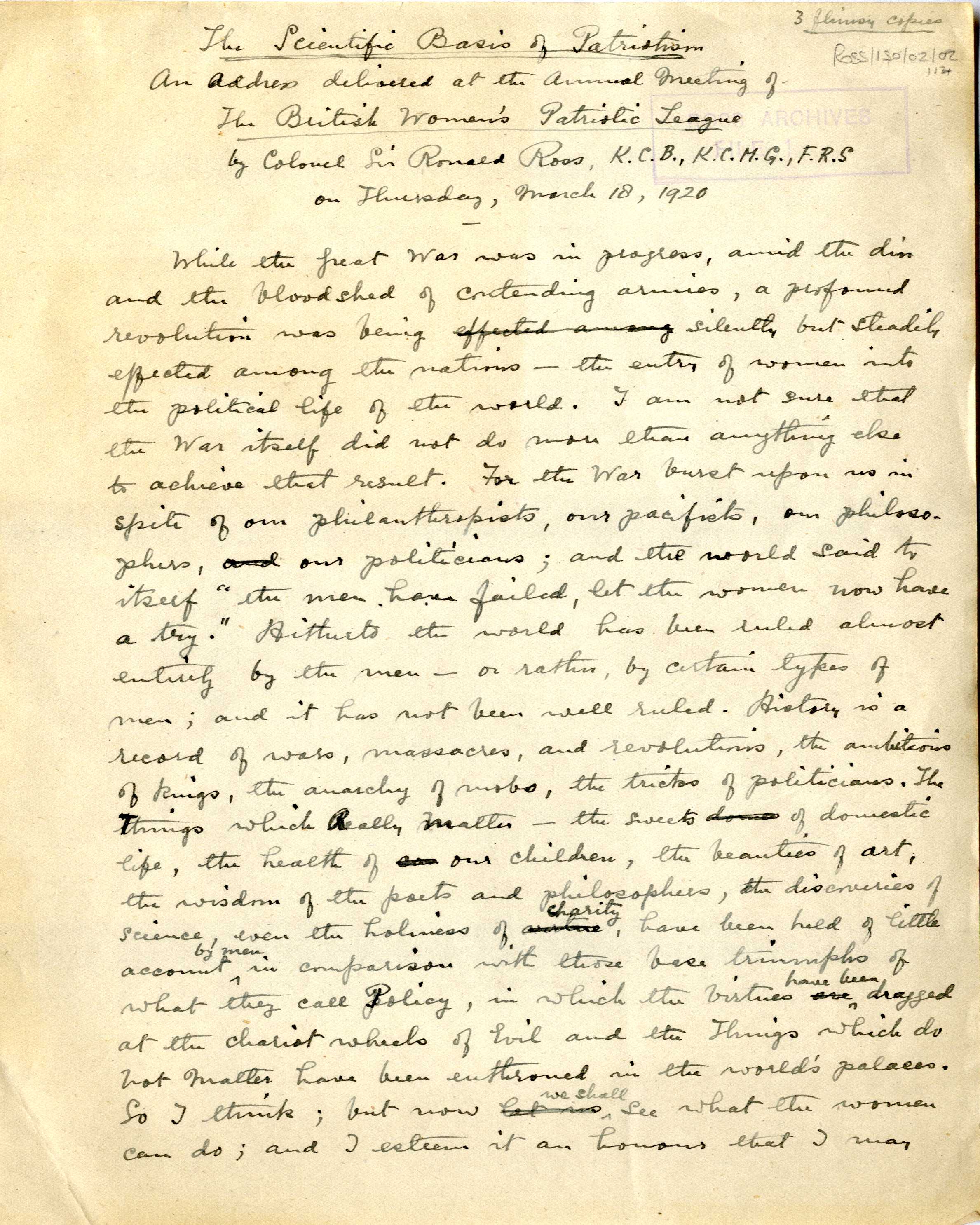 Handwritten manuscript:  The Scientific Basis of Patriotism