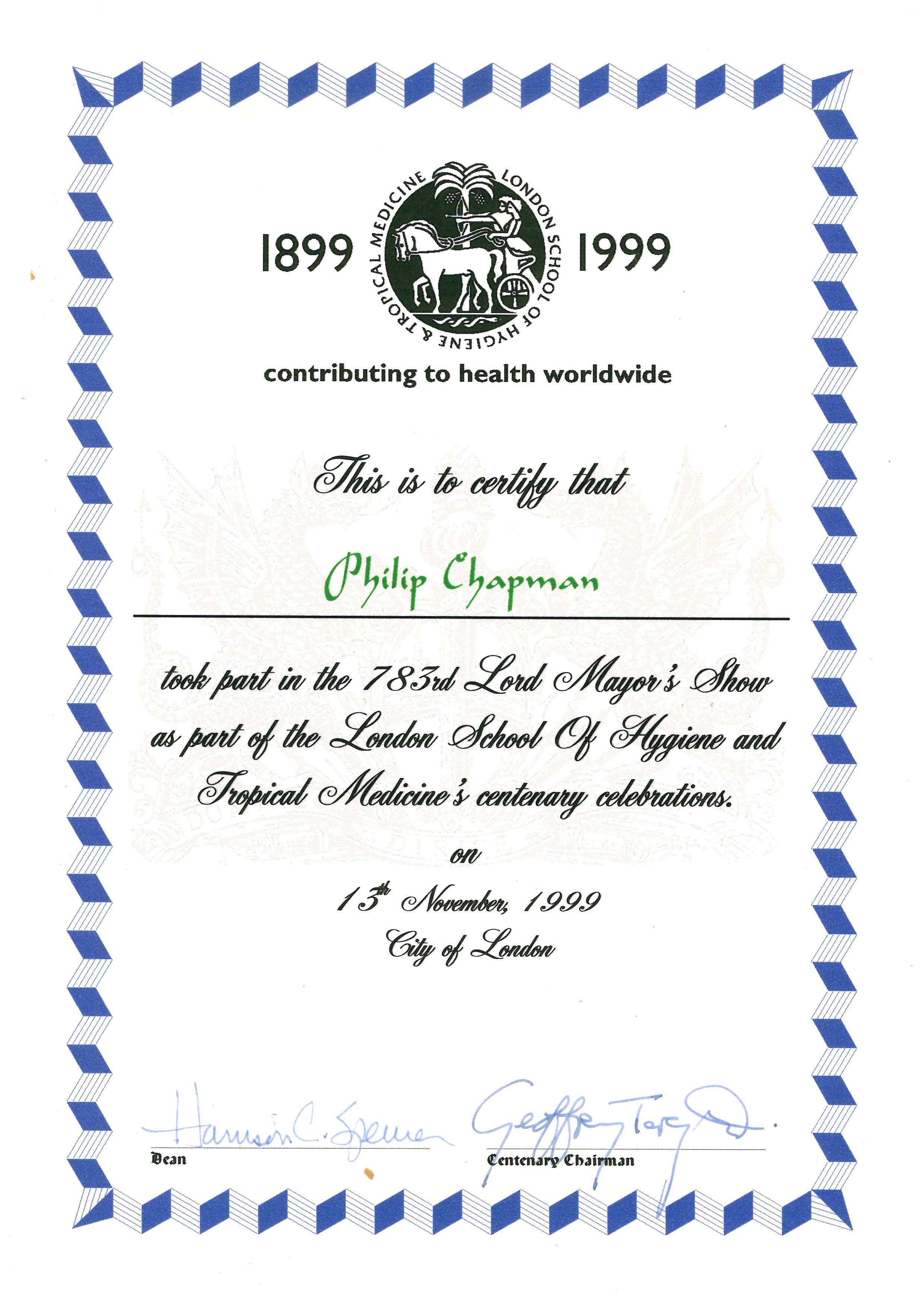 Certificate Lord Mayor’s Celebration