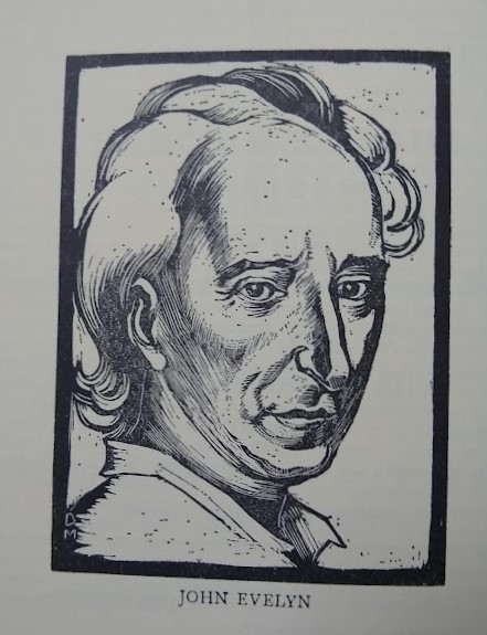 Black and white block print copy of a portrait of John Evelyn.