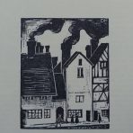 Black and white block print showing three Stuart buildings with smoking chimneys and figures in the street beside.