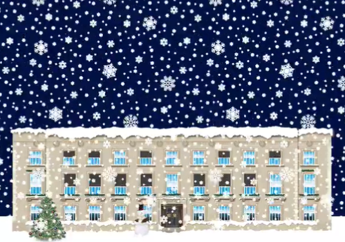 A cartoon image of snow falling on the LSHTM Keppel Street building. A Christmas treescan also be seen outside.