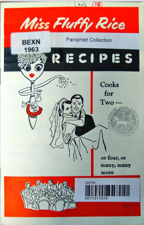 The cover of Miss Fluffy Rice depicts, in black, white, and red, a spoon with a human face and rice for hair wearing an apron and throwing more rice on to a bride and groom, who have their backs turned to her.