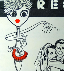 The cover of Miss Fluffy Rice depicts, in black, white, and red, a spoon with a human face and rice for hair wearing an apron and throwing more rice on to a bride and groom, who have their backs turned to her.