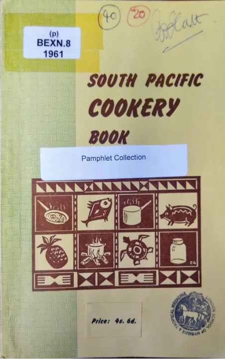 Front cover of 'South Pacific Cookery Book' with a woodcut-style brown graphic depicting different foods and cookery methods, including fish, pig, pineapple, frying pan, log fire, cooking pot.