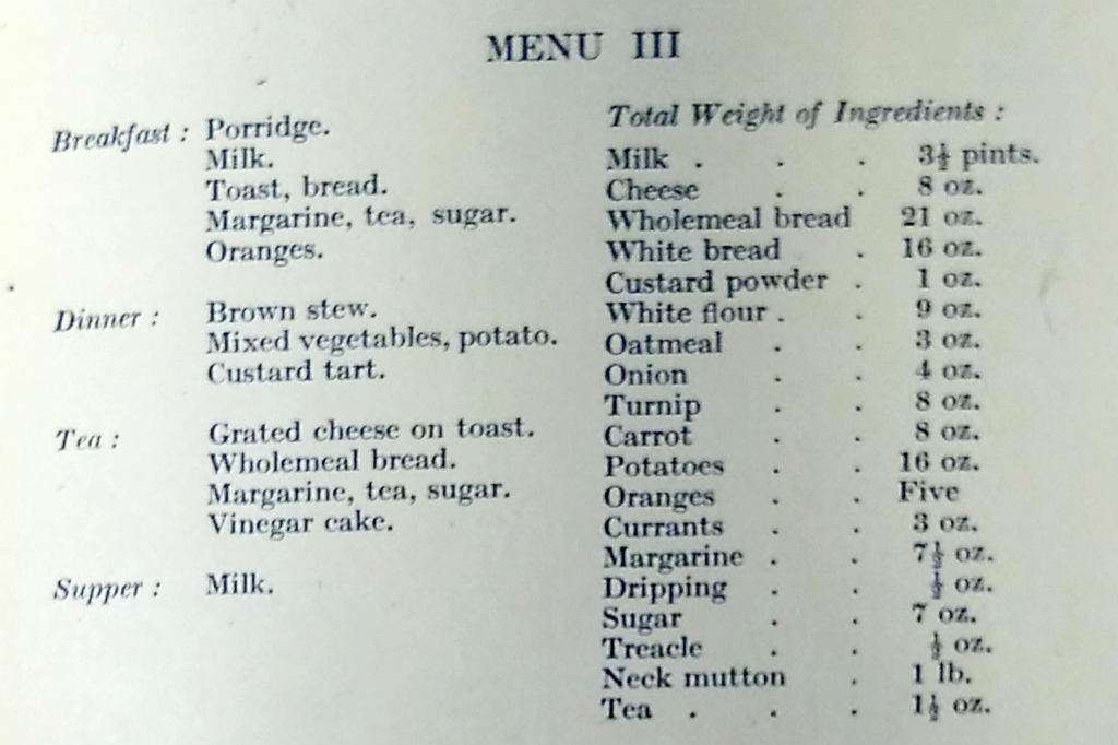 A scan of the publication 'An Economical Budget for the Family with Menus and Recipes' showing a sample menu of four meals. Breakfast is porridge, milk, toast, margarine, tea, sugar, oranges. Dinner is brown stew, mixed vegetables, potato, custard tart. Tea is grated cheese on toast, wholemeal bread, margarine, tea, sugar, vinegar cake. Supper is milk. The total weights of ingredients in pints and ounces is given in a column on the right.