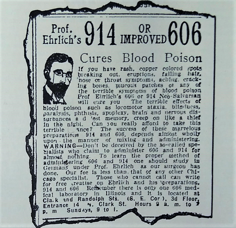 Reproduction of an advertisement by Code. A line-drawn portrait of a bearded man is placed underneath the headline "Prof. Ehrlich's 914 or improved 606," giving the impression that Ehrlich is involved in the business.