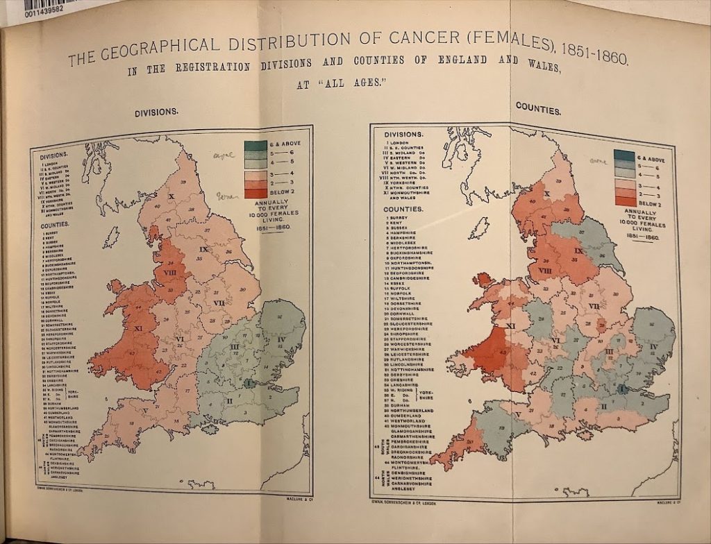 Map of 'The Geographic Distribution of Cancer (Females) 1851-1860 in the Registration Divisions and Counties of England and Wales, at "all ages"' in colour, with high levels marked in shades of blue and low levels marked in shades of red.