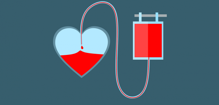 Graphic showing a cartoon heart connected to a bag used for blood transfusions.