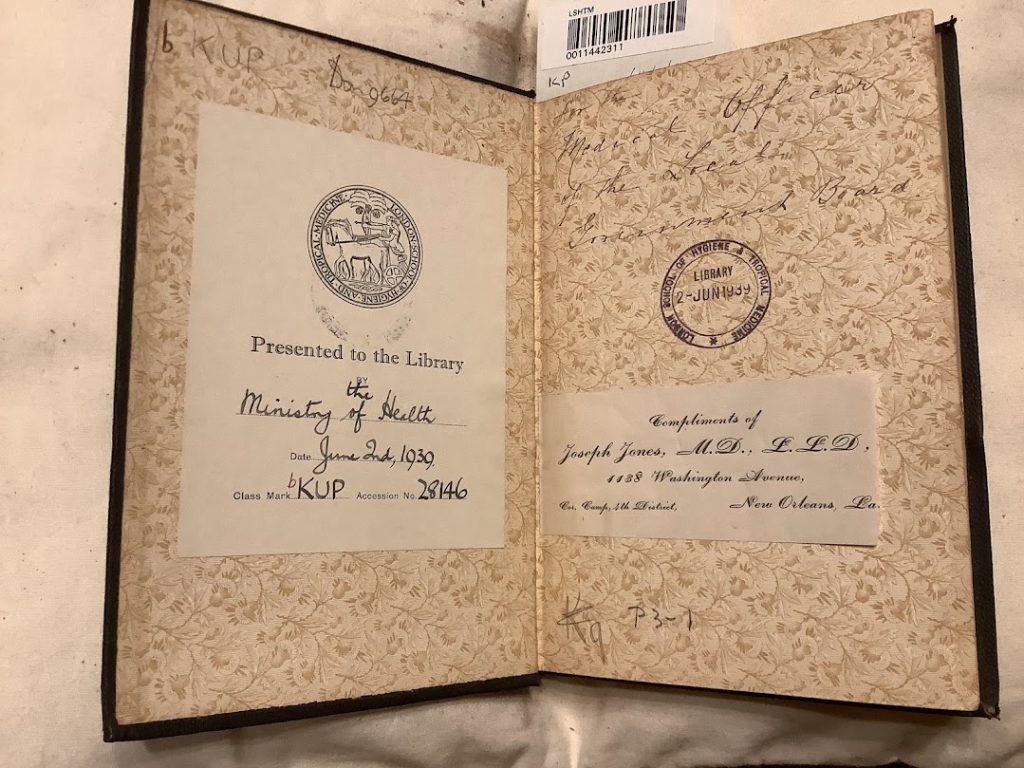 Front endpapers of 'Original Investigations on the Natural History of Yellow Fever' with a bookplate showing that this copy was presented to the LSHTM Library by the Ministry of Health in June 1939, and also contains a slip showing it once belonged to Joseph Jones, MD.