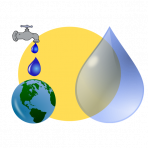 Graphic showing a tap dripping water, the globe, and a drop of water.