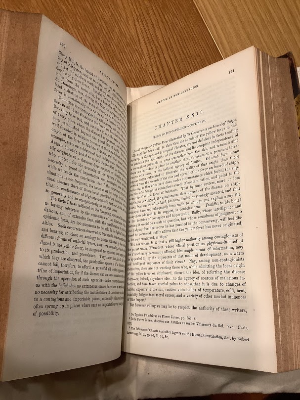 Pages 420-1 of René La Roche's 'Yellow Fever' showing the opening to Chapter 22 regarding 'Proofs of Non-Contagion - Continued.'