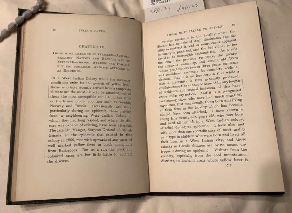 Pages 18-9 of 'Yellow Fever in the West Indies' showing the opening to Chapter 3. Subtitles are 'Those Most Liable to Be Attacked,' 'Acclimatization,' 'Natives and Negroes May Be Attacked,' 'Second Attacks are Possible but not Probable,' 'Animals Attacked in an Epidemic.'