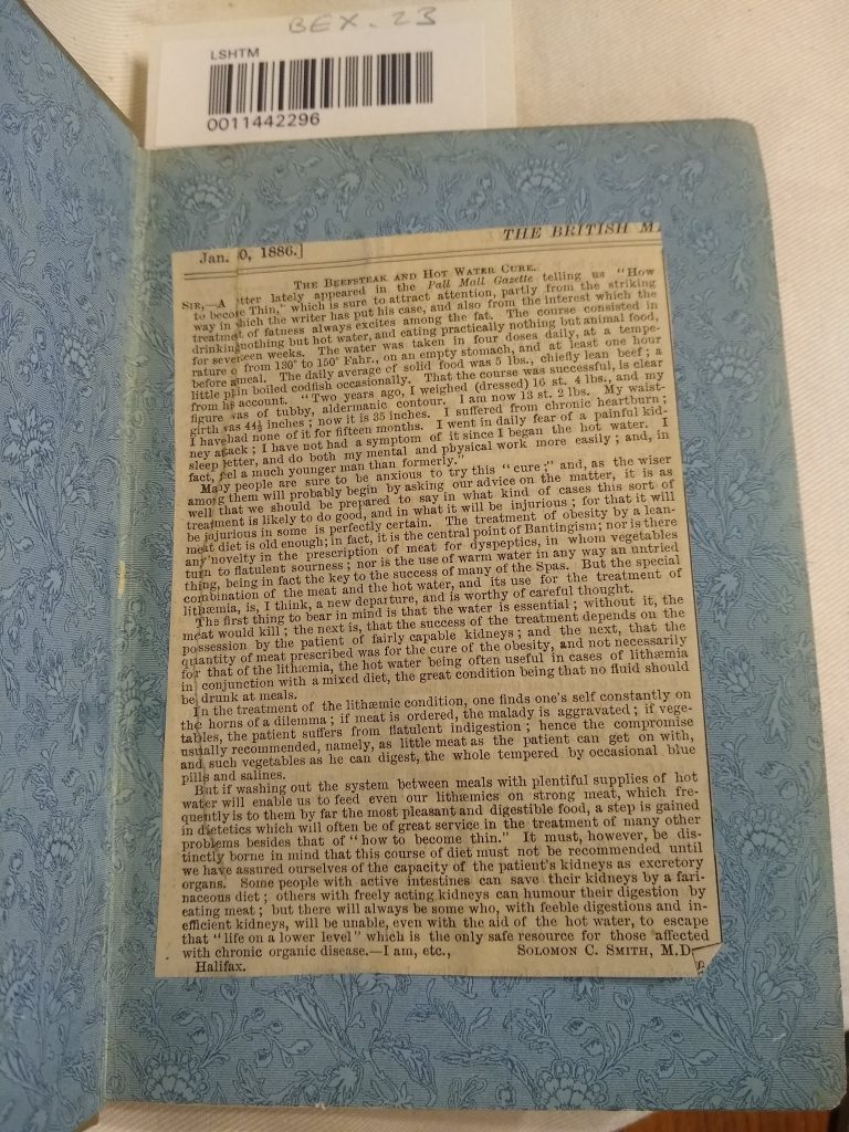 The endpapers to Banting in India, with a blue flower pattern, and a newspaper cutting pasted onto one side from a January 1886 edition of the Pall Mall Gazette of a letter to the editor detailing the 'beefsteak and hot water cure' for losing weight, by a doctor named Solomon C. Smith.