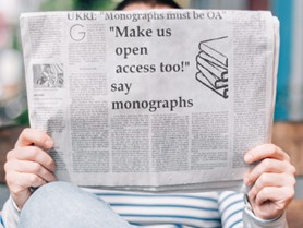Newspaper with the headline, UKRI: "Monographs must be OA" "Make us open access too" says monographs.