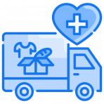 Blue illustration of a truck carrying food and clothing, with an cartoon heart and health service cross sign above it.
