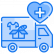 Blue illustration of a truck carrying food and clothing, with an cartoon heart and health service cross sign above it.