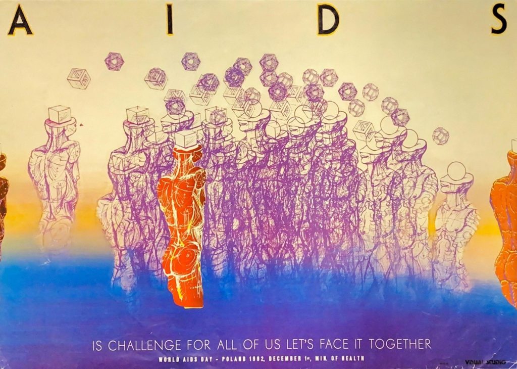 Red and purple images of abstract figures. 
Caption: AIDS is challenge for all of us let's face it together.