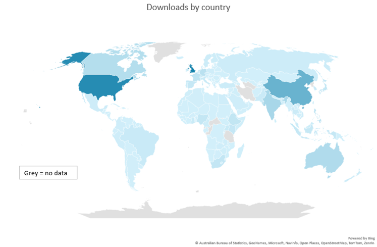 A world map showing the global distribution of downloads from Research Online. While Antarctica, Greenland, and one or two countries in the Middle East and Africa are grey, the rest of the world is highlighted in some shade of blue.