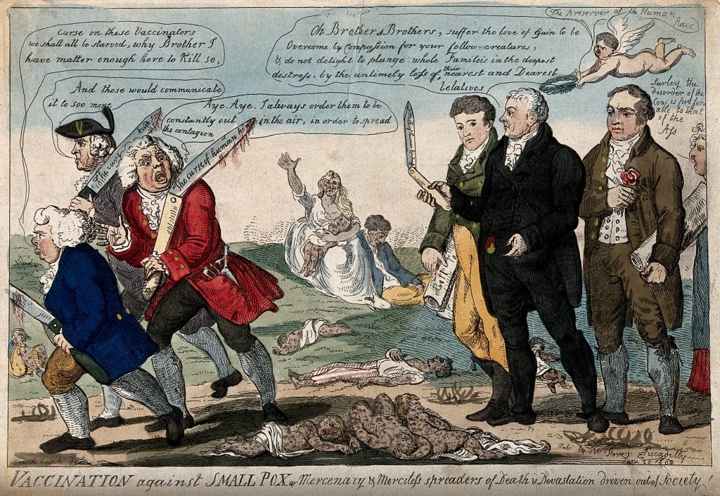 A cartoon of Edward Jenner On the right, accompanied by two colleagues, dismisses three variolators, who depart on the left with curses.