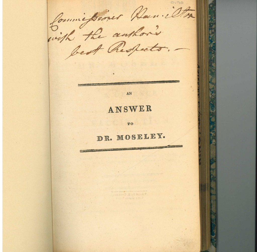An image of an answer to Dr. Moseley which has an author's presentation inscription to Commissioner Hamilton on the half-title page.