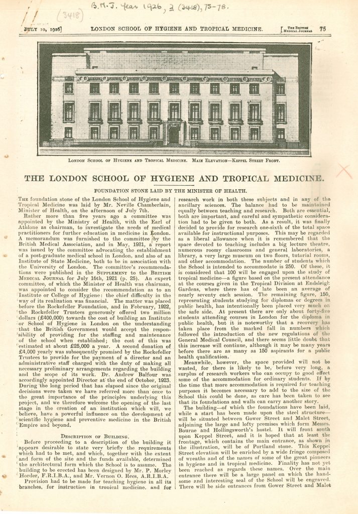 Page from The British Medical Journal, 20th July 1926, details the role of the Rockefeller Foundation and British Government as a State Institute
