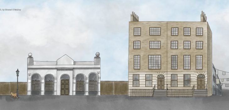 Watercolour style painting showing a line of buildings. Between the buildings there is a small tree and brown fence, a washing line, an orange cat and a lamp-post.