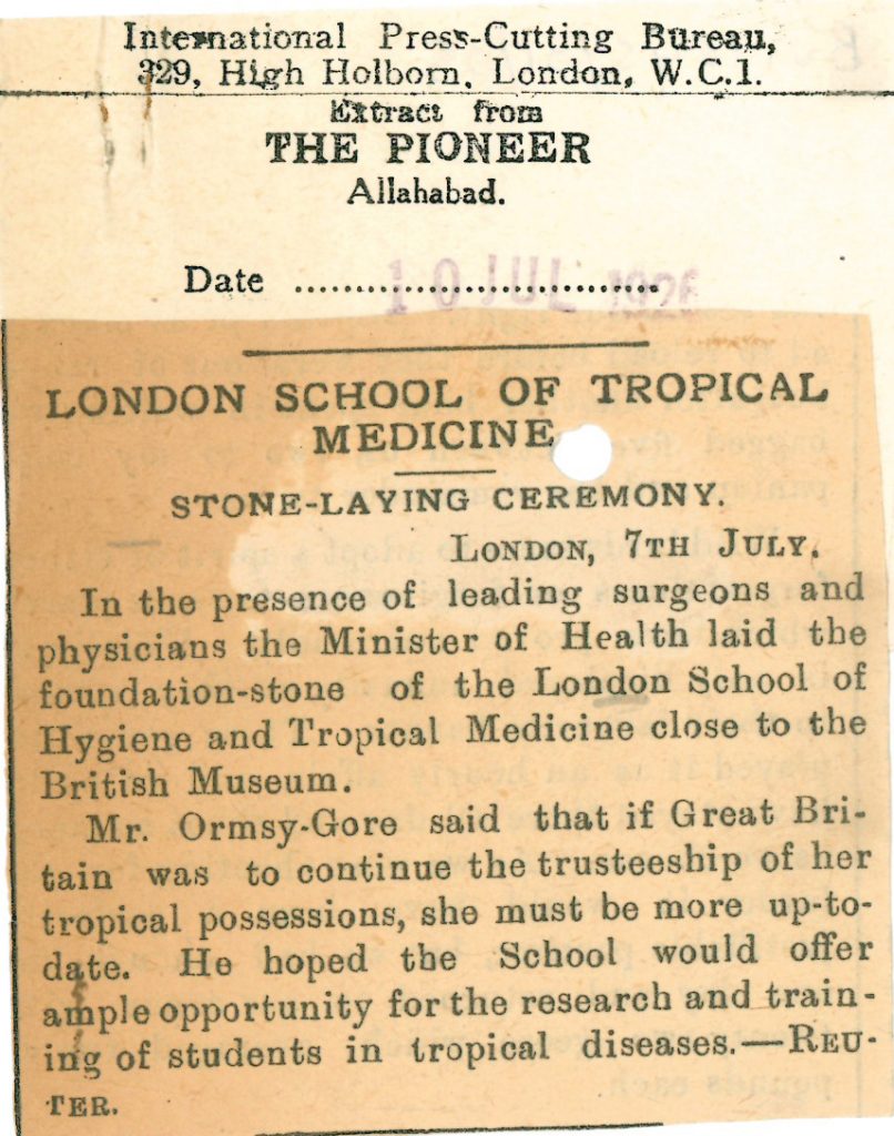 The Pioneer 10th July 1926. London School of Hygiene and Tropical Medicine, Stone Laying Ceremony. London, 7th July