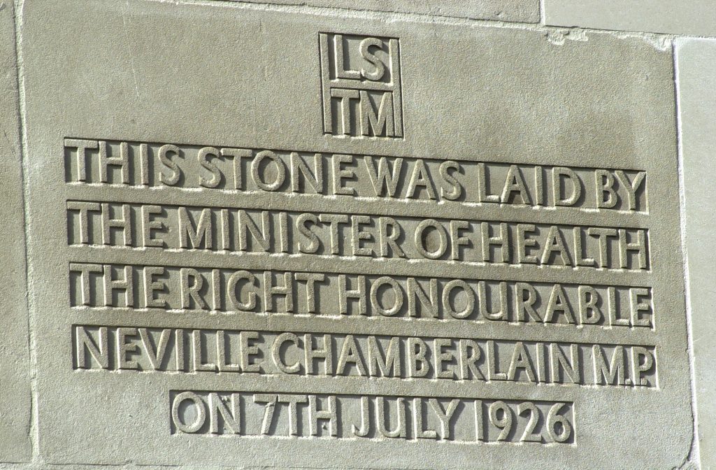 Rectangular stone with engraving which reads 'This stone was laid by The Minister of Health The right Honourable Neville Chamberlain M.P. on the 7th July 1926.' 