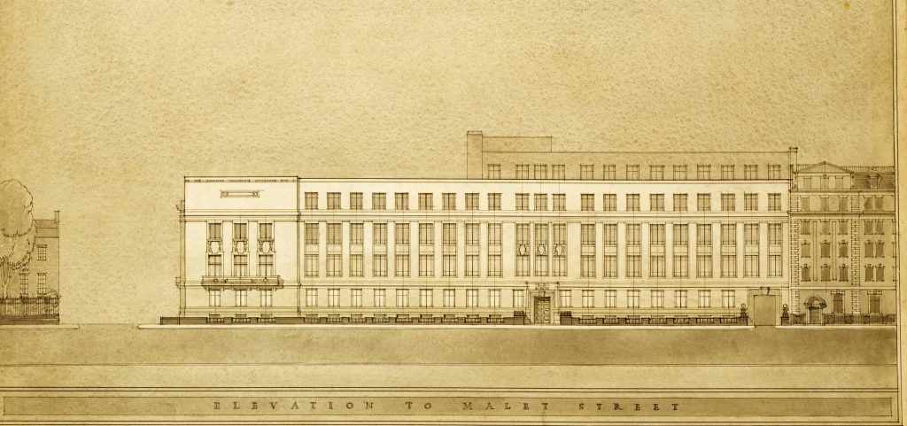 Sketch of rectangular building from the side angle. The sketch shows 4 levels of windows with a flat roof above. There are some further buildings sketched to appear as in the background
