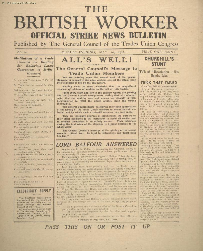 Newspaper page titled 'The British Worker Official Strike News Bulletin: All's Well' 