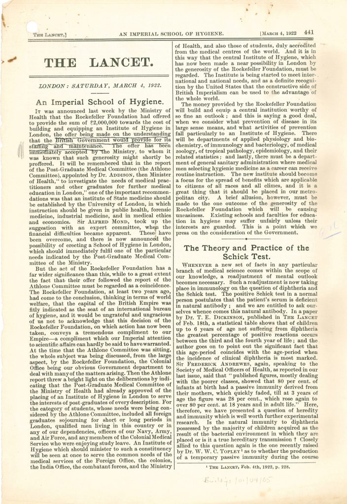 The Lancet, March 4th 1922: An Imperial School of Hygiene.  